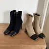Botas de gamuza de cuero de vaca de capa superior elásticas para mujer, botas de corte ajustado, botas de otoño con punta cuadrada, cremallera lateral, tacón grueso alto, botines de color bloqueado para mujer
