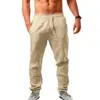Pantalones Deportivos Casuales Europeos y Americanos Transfronterizos 2023 para Hombre Versátiles de Algodón Lino Holgados Transpirables Largos de Color Sólido Simples Pantalones para Hombre