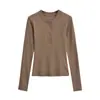 Camiseta de Manga Larga de Cinco Botones Ajustada de Moda para Mujer, Nueva Camisa Base Adelgazante Versátil Otoño/Invierno, Top Corto Estilo Puro Deseo
