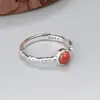 Anel redondo de prata de lei S925 com articulação de bambu e ágata vermelha do sul, anel de dedo indicador aberto simples de moda feminina, joias no atacado