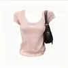 Camiseta Feminina Curta Laranja Dopamina Super Popular Estilo Coreano, Gola U, Ombro Normal, Manga Curta, Verão Doce Slim-Fit Crop Top Spicy Girl