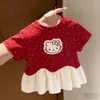 Camiseta de Verano de Manga Corta para Niña 2026 Nuevo Estilo Moda para Bebé Estilo Coreano Estampado de Gato Kt Top de Seda Helada con Lunares