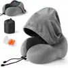 Almohada de viaje para el cuello en forma de U con capucha y espuma viscoelástica transfronteriza, adecuada para siestas en la oficina y se puede plegar para guardarla, también ideal como almohada para avión