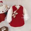 Conjunto de Roupas de Inverno Infantil Novidades 2026 Outono e Inverno Novo Estilo Vestido Liso com Forro de Lã Estilo Nacional Conjunto