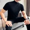 Camiseta de punto de manga corta para hombre de seda elástica de lujo ligero de verano ~ Camiseta base de algodón de corte ajustado para hombre