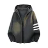 Chamarra suéter con capucha estilo callejero para primavera y otoño, unisex, con diseño de tres rayas, corte holgado, hombros caídos, manga larga, cárdigan de punto casual
