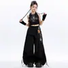 Conjunto de niña para danza jazz: Conjunto de disfraz de actuación con top halter negro superpuesto a pantalones largos, atuendo para actuación de jazz callejero