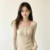 Suéter de punto de terciopelo Andi con un tacto de alta gama, top de punto con botones y cuello en U, camiseta base para mujer que ajusta la cintura, nuevo estilo de principios de otoño