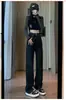 Jeans preto de perna larga para mulheres Primavera e Outono 2024 Novo Cintura alta solto casual drapeado reto calça boca de sino alta