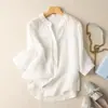 Camisa de Algodão e Linho com Manga Três Quartos para Mulheres, Blusa Casual Solta Retrô Artística, Nova Camiseta de Algodão e Linho de Verão