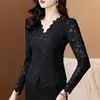 Camisa de Renda Estilo Chinês para Mulheres, Manga Longa Outono e Inverno Ajustada Curta, Top Ocidental para Mães