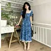 Vestido Floral Azul de Estilo Francés Cuadrado para Mujer Tallas Grandes, Vestido de Verano de Longitud Media Adelgazante con Cintura Ceñida y Ribete de Encaje