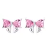 Pendientes de lazo de diamantes, pendientes coreanos súper brillantes de color rosa, pequeños pendientes de circonitas ligeras, joyería de plata de lujo de alta calidad.