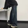 Jeans retro azules estilo americano para hombre, adecuados para primavera y otoño, con un diseño desgastado, holgado, de pierna recta, pierna ancha, un pantalón largo de moda para la calle