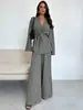 Otoño e Invierno 2025 Moda Europea y Americana Transfronteriza de Amazon Traje Elegante de Mujer con Cuello en V y Manga Larga y Pantalón Elegante de Pierna Ancha