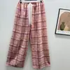Calça de Pijama de Seda de Algodão para Mulheres, Estilo Fino para Primavera e Verão, Tamanho Grande, Caimento Solto, Calça de Perna Larga de Algodão Artificial, Pode Ser Usada Fora de Casa, Versátil, Cintura Alta, Leve
