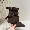Botas cuadradas de tacón alto para mujer 2026, de pierna corta, a la moda, elegantes, nuevas para otoño, plisadas, apiladas, de media pantorrilla, estilo ecuestre