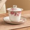 Tazón de Té con Tapa de Flor de Pera Congelada de Manteca de Cerdo, Tazón Cubierto de Tres Colores de Gama Alta Individual, Juego de Té para Mujeres No Caliente, Tazón de Té Kung Fu
