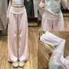 Calças largas rosa de cintura alta estilo americano para mulheres, finas de verão, cintura alta, fluidas, casuais, modeladoras, para yoga, fitness, esportes, comprimento total