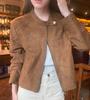 En Stock Foto Real Retro Americano Gamuza de Ciervo Terciopelo Chaqueta de Manga Larga Cremallera Corta Chaqueta Biker Top Ropa para Mujer