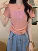 Playera Y2K de Hombro Derecho con Cuello Redondo y Manga Corta para Mujer Verano 2025 Nueva Playera de Alta Gama Ajustada Estilo Occidental Top