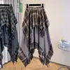 Saia Plissada Assimétrica de Xadrez com Contraste de Cores para Outono e Inverno, Nova, Tamanho Plus Size Feminino, Elegante, Retrô