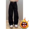 Jeans para Outono e Inverno com Ferramentas Machete para Figura Pera Feminina plus size Cintura Alta Soltos Forrados com Fleece Engrossados Emagrecedores Calças de Perna Larga
