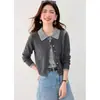 Suéter Cinza Malha Falsa Duas Peças Feminino Outono Temperamento Versátil Top Cardigan Jaqueta