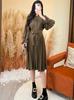 Vestido de Manga Larga Miyake para Mujer, Lujo Accesible, Gama Alta, Cárdigan de Botones Sencillos Holgado, Con Cordones, Falda de Longitud Media a la Moda