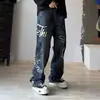 Jeans Estampado de Marca da Moda Novo Versátil Reto High Street Lavado Graffiti Design Pintado à Mão Solto Perna Larga Calças Longas