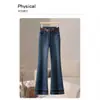 Jeans acampanados de tiro alto azul oscuro hechos a medida para mujer, pantalones retro de campana ajustados con ribete de encaje para otoño