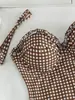 Bikini de una pieza sexy con estampado de cuadros de encaje estilo europeo y americano 2026, corte ajustado, espalda descubierta, tirantes desmontables para mujer