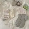 Calcetines de estilo coreano sin talón color gris-rosa a media pantorrilla con rayas, lunares, capullos de flor, estilo ballet, chica dulce, calcetines con lazo para mujer
