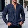 2026 Nueva Camisa Casual Transfronteriza para Hombre con Cuello Mao, Manga Larga Henley, Múltiples Botones, Media Abierta, Camisa Henley Vintage
