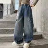 Calça jeans de outono e inverno para meninas 2025 nova casual estilo coreano de perna larga com bolsos grandes para crianças mais velhas