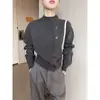 PINKEN Cardigan de Lã Irregular Cinza Escuro Gola Alta Meia Manga Feminino Inverno 2026 Nova Moda Suéter Quente