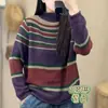Suéter de Punto de Lana con Bloques de Color Irregulares de Rayas y Cuello Semialto para Mujer, Jersey Holgado de Manga Larga, Top de Punto