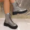 Botas de Cano Curto com Lantejoulas, Bico Redondo, Estilo Europeu, Cadarço, Nova Coleção 2025, Plataforma, Salto Anabela, Emagrecedor, Outono, Transfronteiriço, Tamanho Grande, Sola Grossa, Botas Martin, Feminino