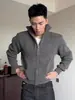 Cardigan Tricô Gola Alta Estilo Retrô Americano Cinza Escuro Masculino Outono Gola Alta Tricô Ombro Direito Jaqueta Curta com Zíper Duplo