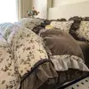 Novo Conjunto de Quatro Peças de Renda Retrô Original de Linho Algodão e Linho Pequeno Fresco Tecido Musseline Amassado Lençóis de Cama e Lençóis de Elástico Conjunto de Quatro Peças