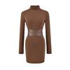 Vestido Base Preto Francês de Gola Alta com Acabamento Escovado para Mulheres 2025 Outono Elegante Emagrecedor Cobertura da Cintura Quadril Saia Curta