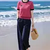 Conjunto Súper Elegante y Fresco de Top de Punto de Seda Helada de Manga Corta Adelgazante con Pantalones Harem Casuales Conjunto de Dos Piezas para Primavera 2026