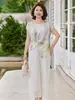 Moda Verão para Mães Blusa de Cetim de Seda que Cobre a Barriga Conjunto de Duas Peças Conjunto de Camiseta de Alto Padrão com Sensação de Gelo para Mulheres de 50 Anos