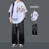 Camiseta de Manga Corta Estilo High Street Americano Conjunto de Verano para Estudiante Conjunto Casual de Dos Piezas para Hombre Tendencia Diaria Adolescente