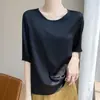 Estilo nuevo de verano, satén de acetato, cuello redondo, manga tres cuartos, top tipo camisola de color liso, prenda exterior talla grande para mujer