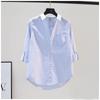 Camisa Sencilla de Algodón con Rayas Verticales Azul Claro 12023 Primavera Holgada Casual Moda Bolsillo Único Manga Larga