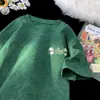 Camiseta de Manga Corta de Seda de Hielo Pesada Lavada a la Piedra de 240g para Hombre, Marca de Tendencia de Verano Bordada de Tencel de Manga Media Holgada con Cuello Redondo