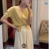 Cardigan Tricotado Azul Francês Decote V Manga Curta Feminino Fino Acinturado Camiseta Básica Top Suéter Slim
