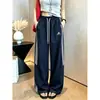 Pantalones de Trabajo Rayados Estilo Americano Azul Marino de Secado Rápido para Mujer, Pantalones Deportivos de Seda Helada Petite para Verano, Pantalones Holgados Rectos de Pierna Ancha