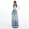 Jeans wide leg retrô americano para mulheres, novo estilo outono 2026, estampa de bambu, cintura alta, modelagem que emagrece, calça pantalona solta de comprimento total